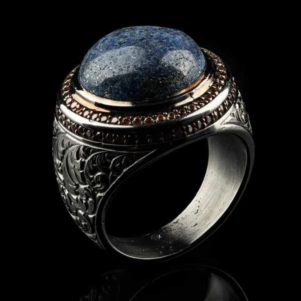 Lapis Lazuli Taşlı Şampanya Mikro Mıhlama Gümüş Yüzük Modeli