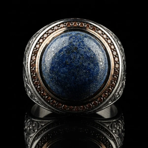Lapis Lazuli Taşlı Şampanya Mikro Mıhlama Gümüş Yüzük Modeli