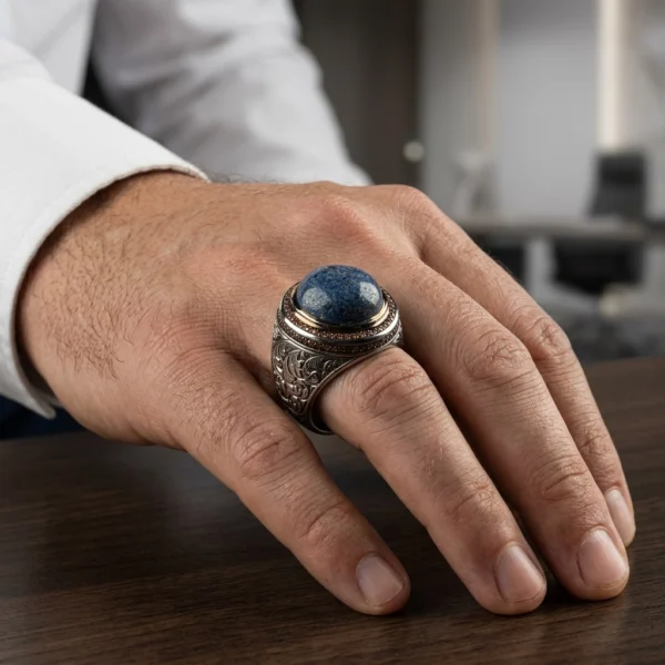 Lapis Lazuli Taşlı Şampanya Mikro Mıhlama Gümüş Yüzük Modeli