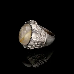 Rutilli Kuvars Fleur De Lis Desenli Oval Gümüş Erkek Yüzük