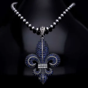 kol840 Fleur de Lis Sembolü Pave Kolye Zincir 3 mm 65 cm Lacivert Erkek Kolye Modeli