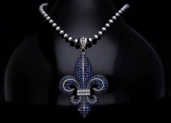 kol840 Fleur de Lis Sembolü Pave Kolye Zincir 3 mm 65 cm Lacivert Erkek Kolye Modeli
