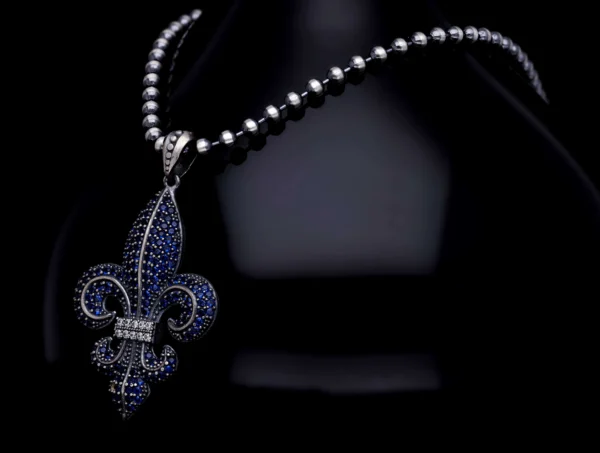 kol841 Fleur de Lis Sembolü Pave Kolye Zincir 3 mm 65 cm Lacivert Erkek Kolye Modeli