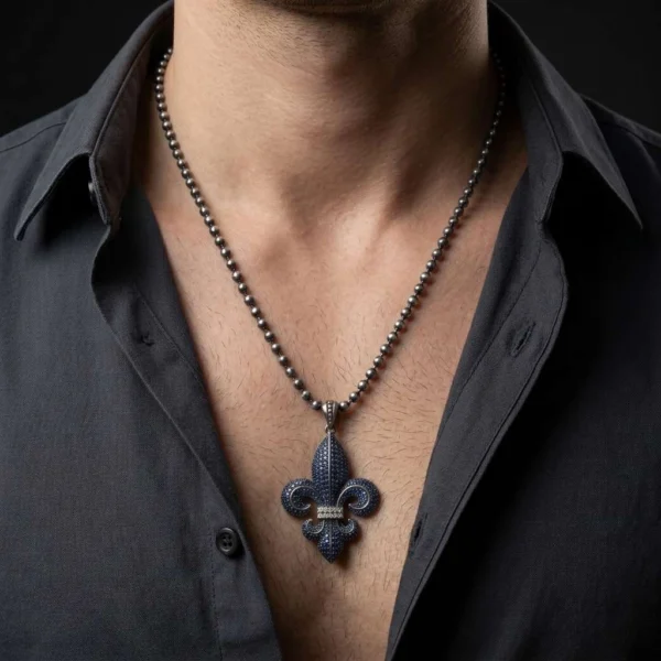 kol842 Fleur de Lis Sembolü Pave Kolye Zincir 3 mm 65 cm Lacivert Erkek Kolye Modeli