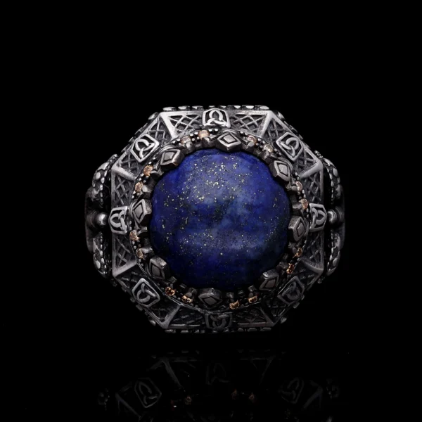 yuz710 Lapis Lazuli Taşlı Tasarım Savaşçı Gümüş Erkek Yüzük Modeli