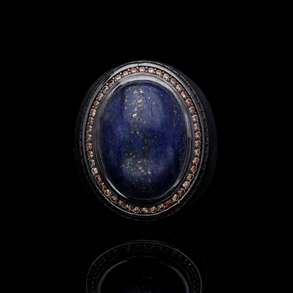 yuz730 Lapis Taşlı Zirkon Detaylı Oval Tasarım Gümüş Erkek Yüzük Modeli