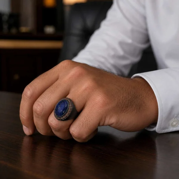 yuz752 Lapis Taşlı Zirkon Detaylı Oval Tasarım Gümüş Erkek Yüzük Modeli